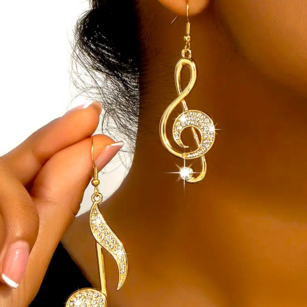 Musical notes rhinestones gold tone dangle earrings NWT
